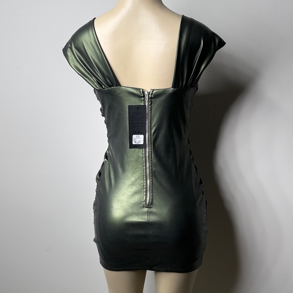 AKIRA Shimmering Dark Green Faux-Leather Ruched Mini Dress - Picture 8 of 9